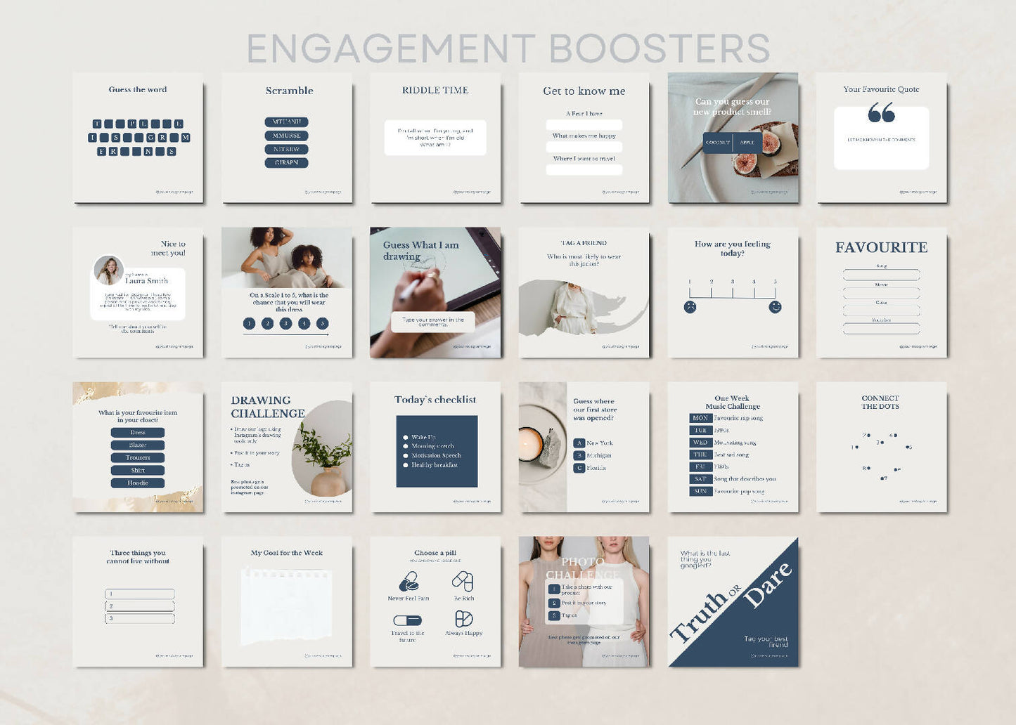 48 Instagram Multipurpose Canva Template Bundle for Engagement Boosters & Games. Best for Coaching, Fashion, Social Media Management and Wellness.