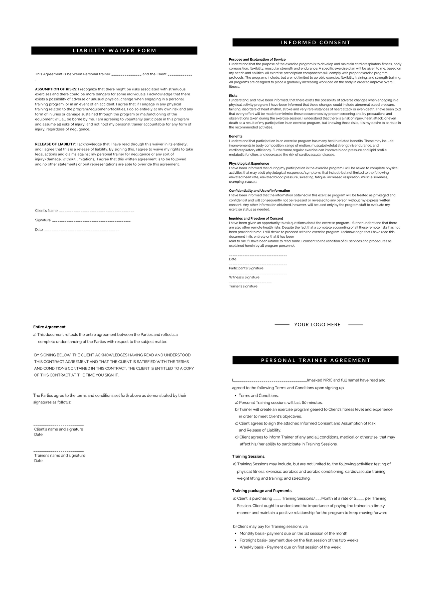 Client agreement form - Fitness industry