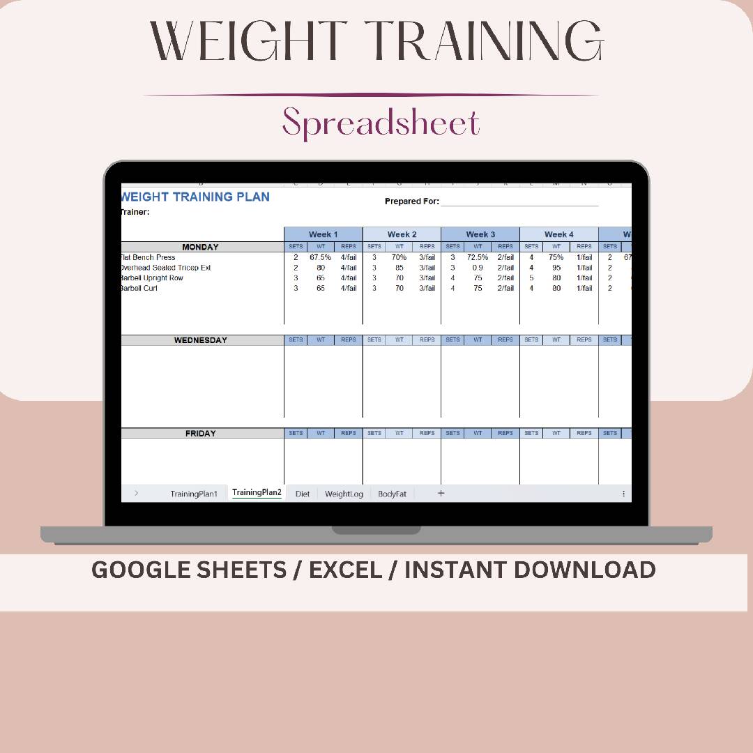 Weight Training Spreadsheet for Excel & Google Sheets,
