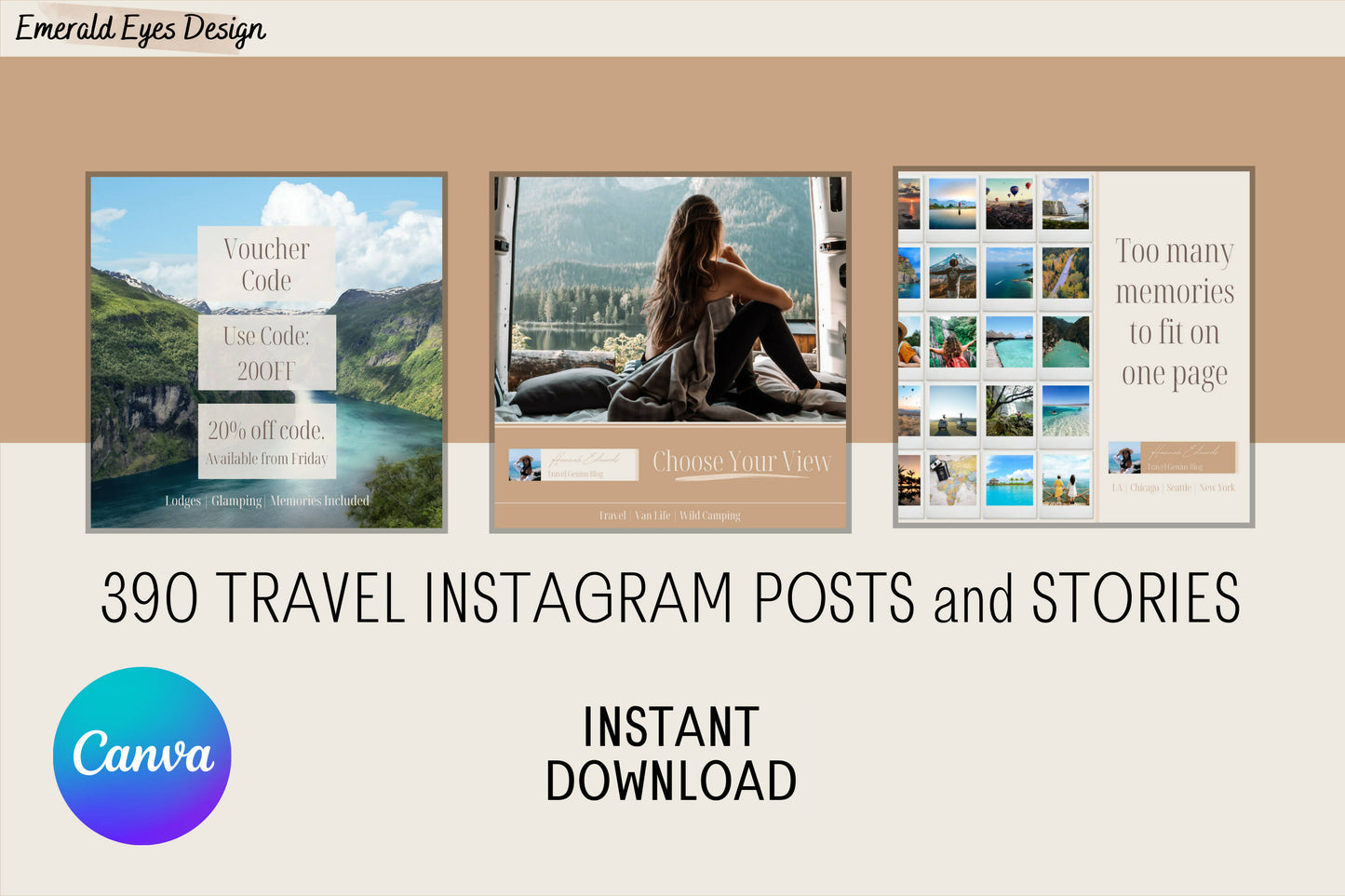 390 Travel Canva Instagram Neutral Cream Templates Mega Bundle Post Stories Vacation