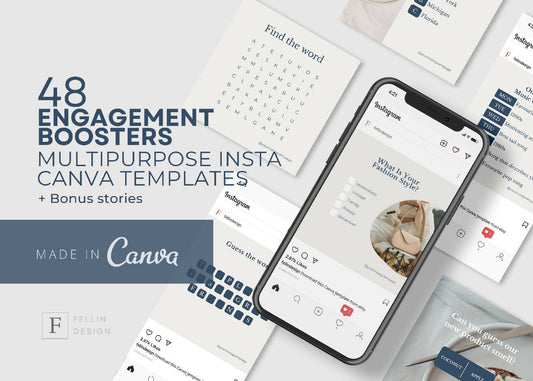 48 Instagram Multipurpose Canva Template Bundle for Engagement Boosters & Games. Best for Coaching, Fashion, Social Media Management and Wellness.