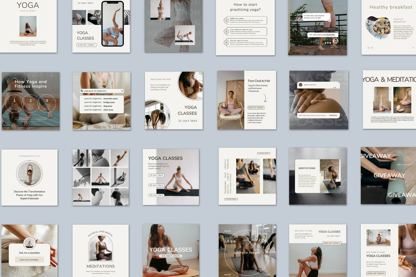 Healthy Yoga 31 Instagram Post Canva Templates + 12 FREE INSTAGRAM HIGHLIGHT cover | Modern Minimalistic Social Media Template