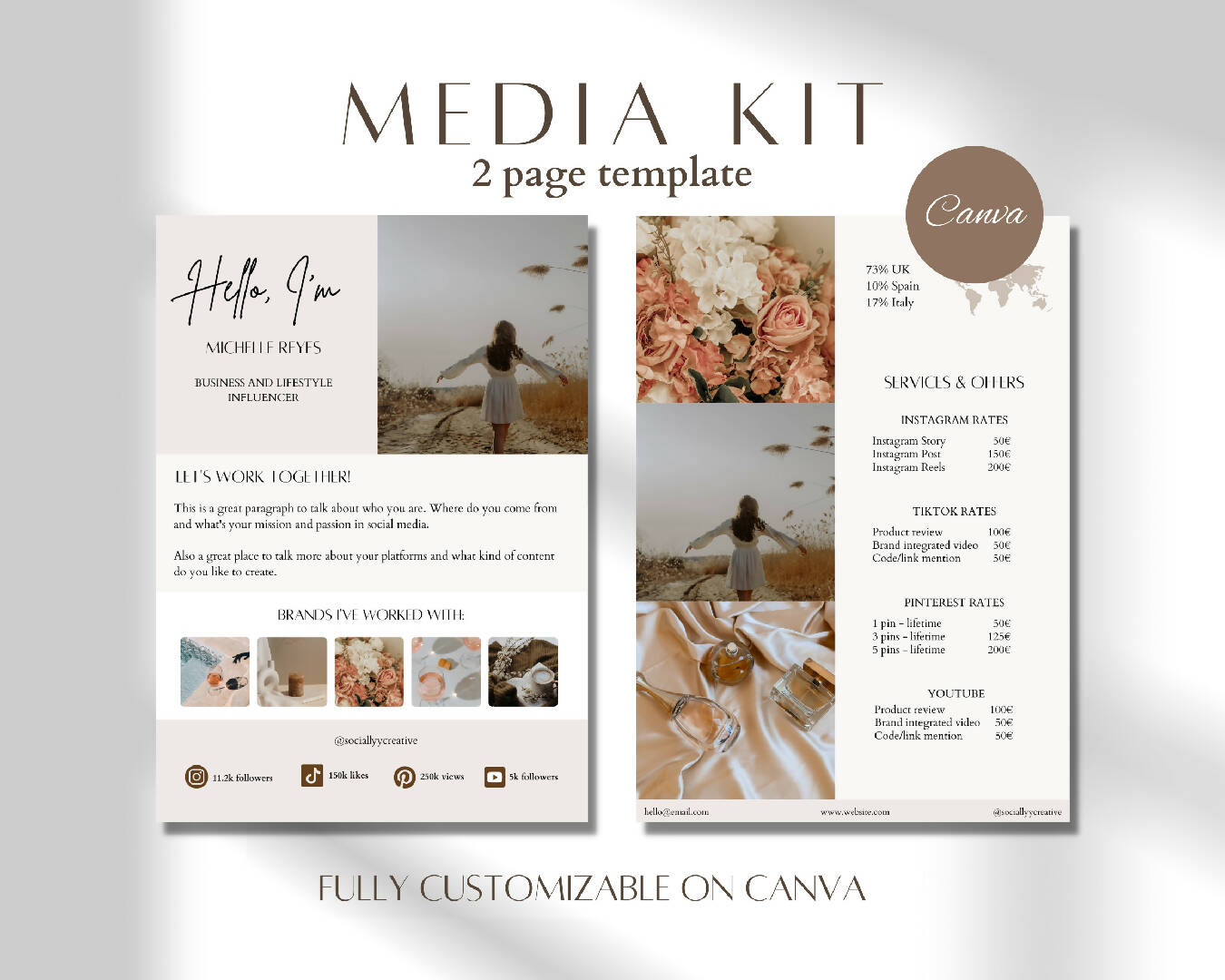 2 Page Instagram Media Press Kit Beige Template for Influencer, Blogger, Small Business