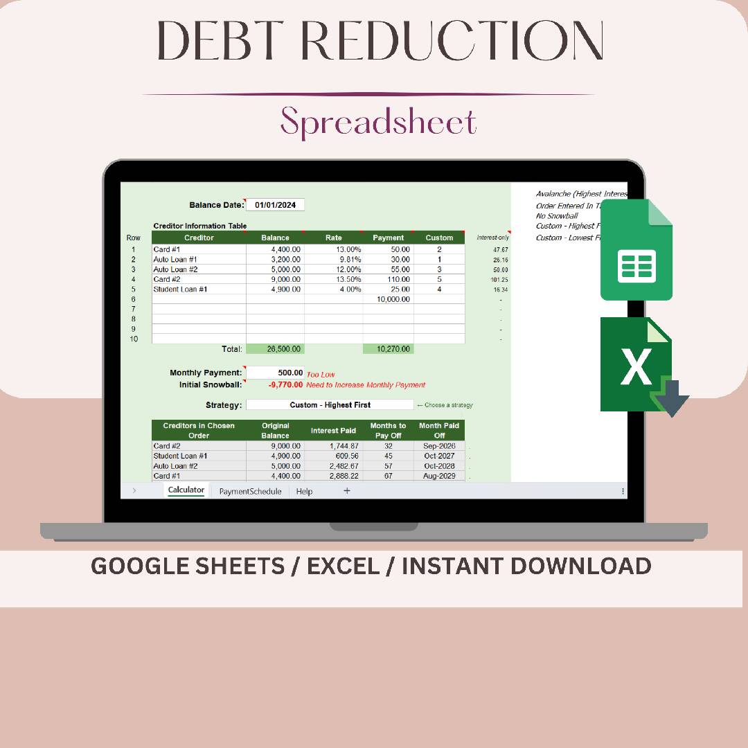 Debt Snowball Reduction Spreadsheet For Excel & Google Sheets
