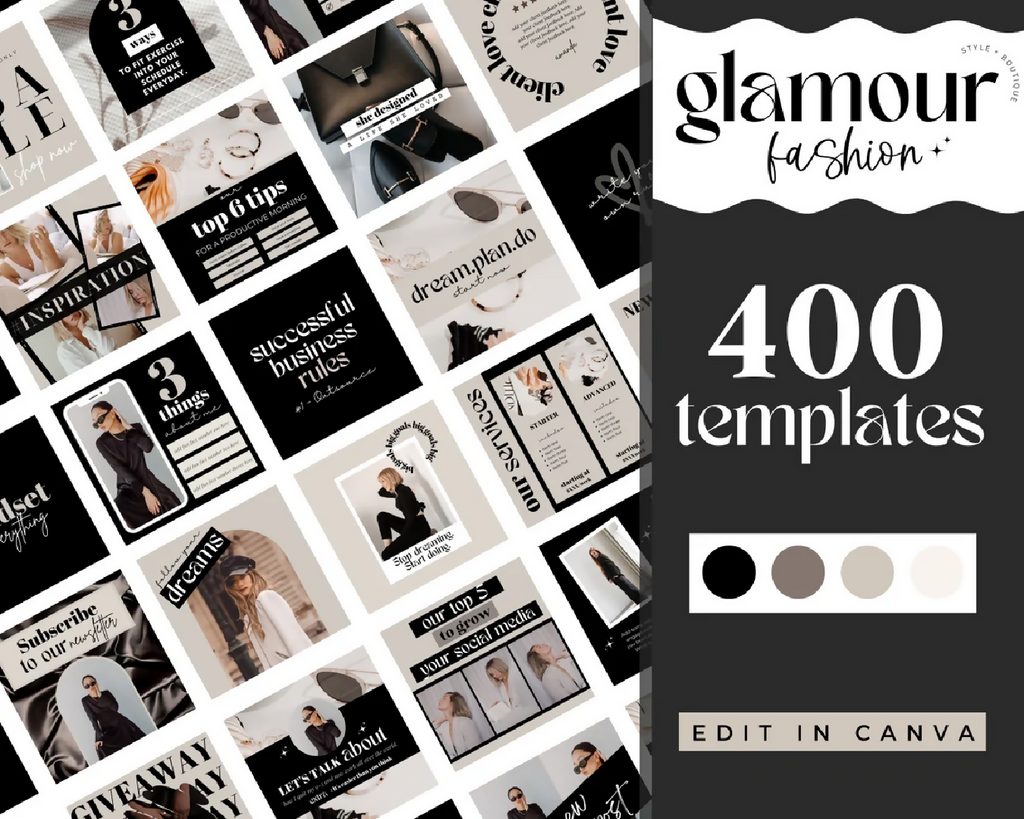 400 Luxury Instagram Templates - Fashion Instagram Templates - Instagram Templates for Business - Black and White Instagram Templates Canva