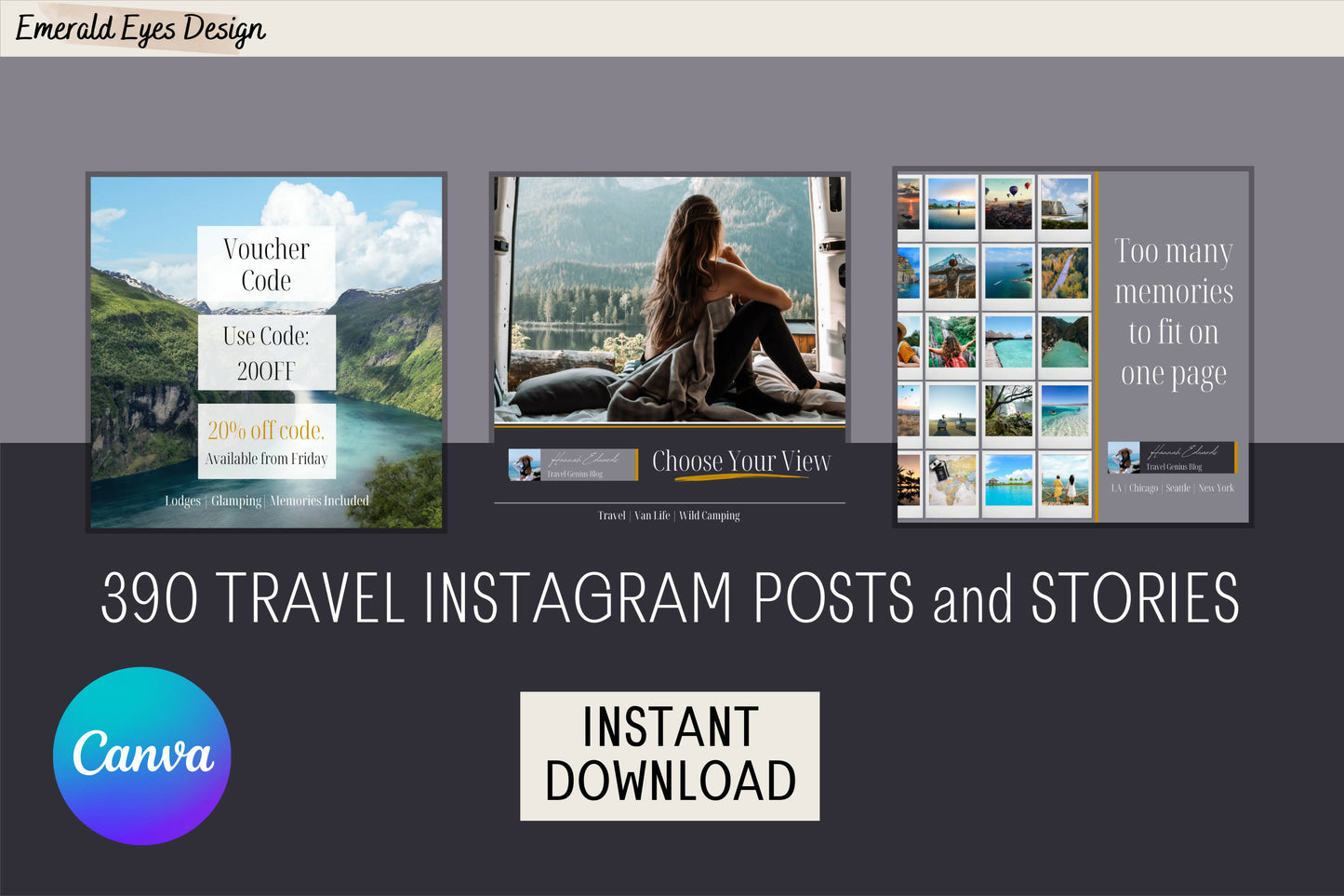 390 Travel Canva Instagram Grey Gold Templates Mega Bundle Post Stories Vacation