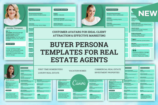 Buyer Persona Templates for Real Estate Agents –Customer Avatars for Ideal Client Attraction & Effective Marketing – Editable Canva Templates