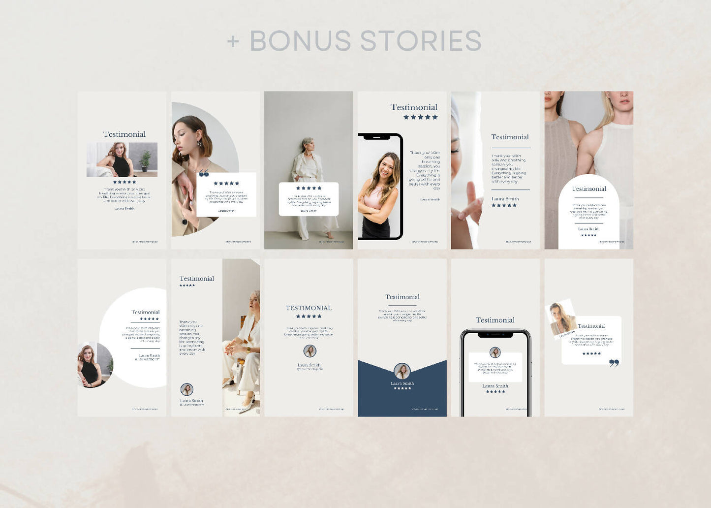 58 Instagram Multipurpose Canva Template Bundle For Testimonials. Best for Coaching, Fashion and Wellness.