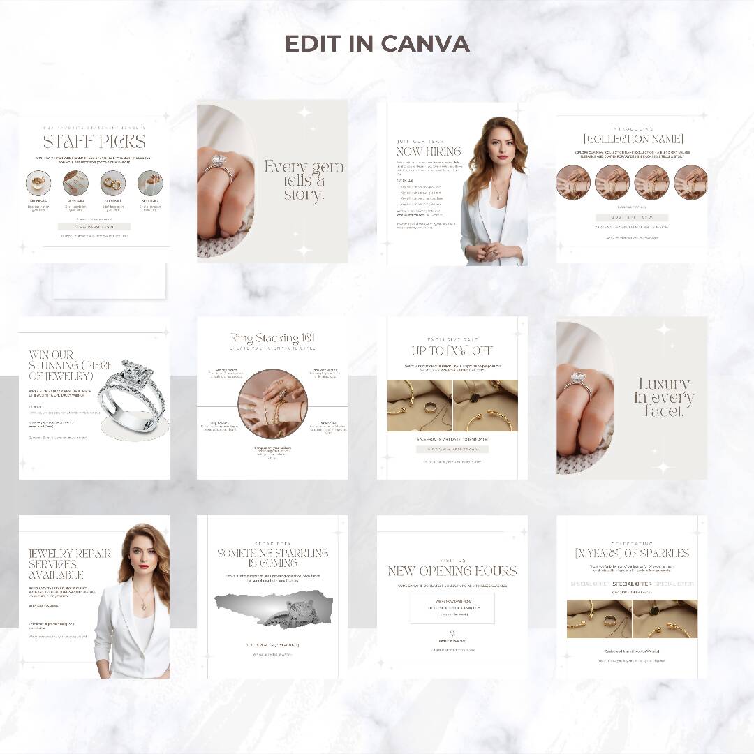Glamify Your Feed: 51 Editable Canva Social Media Posts for Sparkling Jewelry Delights!