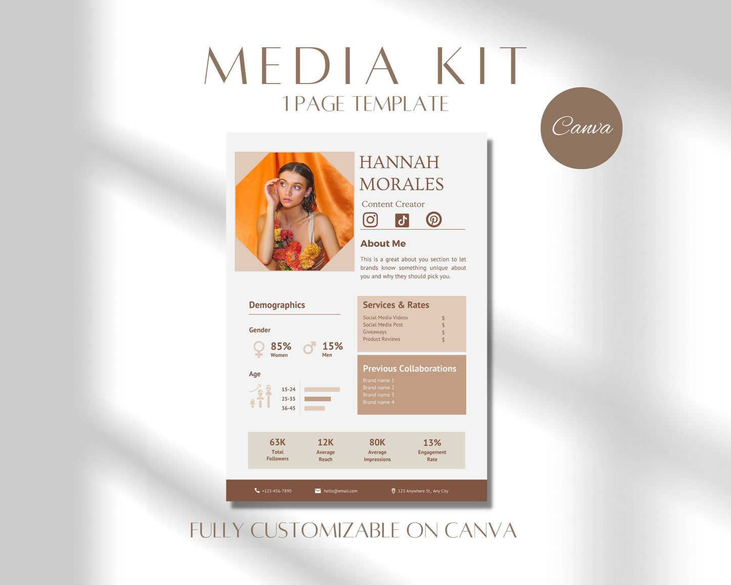 1 Page Instagram Media Press Kit Template for Influencer, Blogger, Small Business