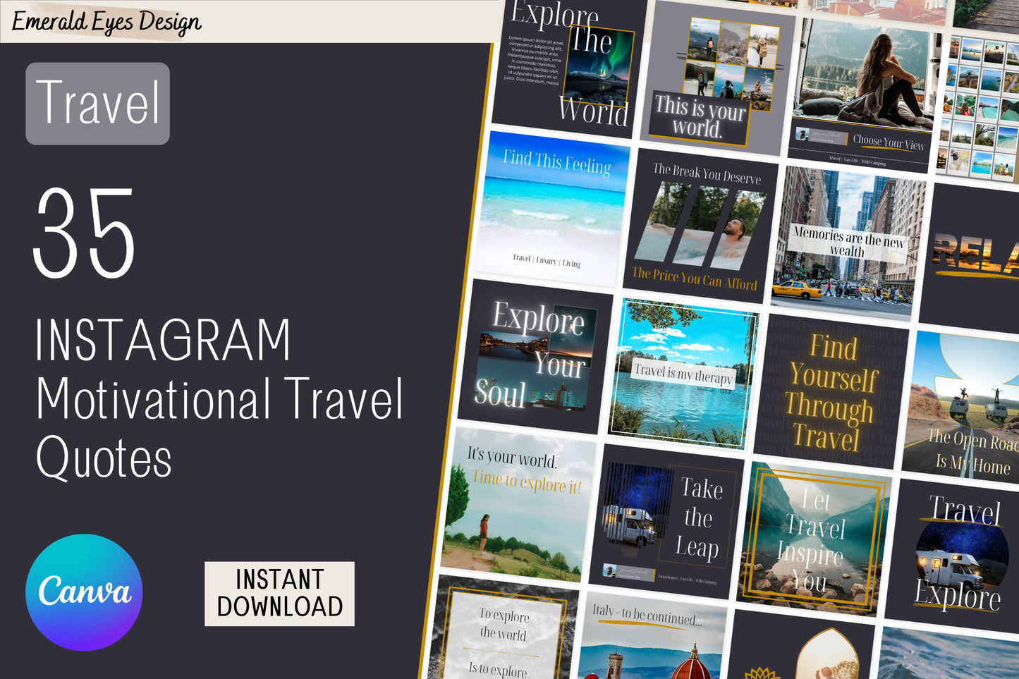 35 Canva Motivational Travel Quotes Grey and Gold Themed Instagram Feed Vacation