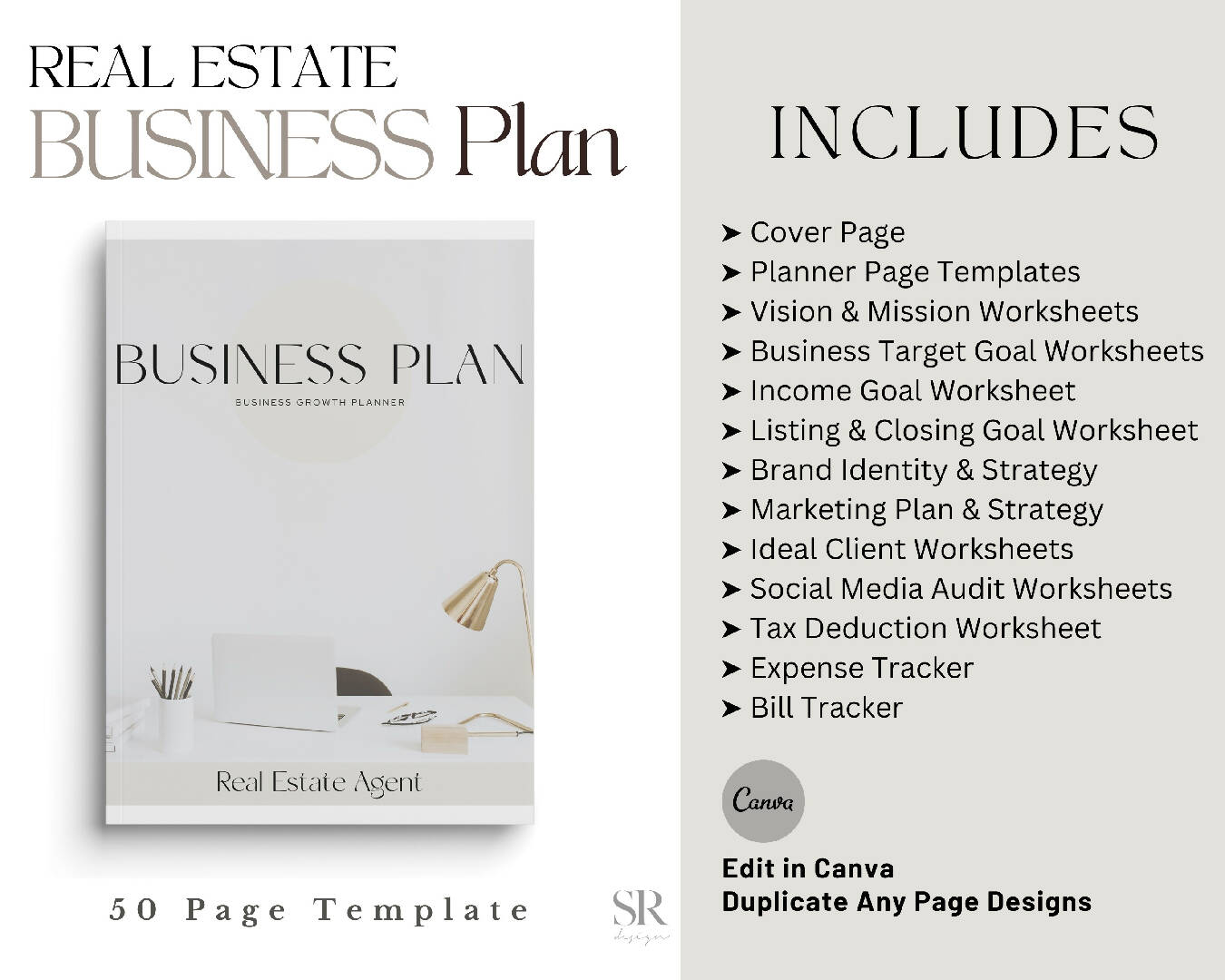 Real Estate Agent Business Plan | Business Growth Journey Planner | Business Goals, Trackers, Expenses, Vision